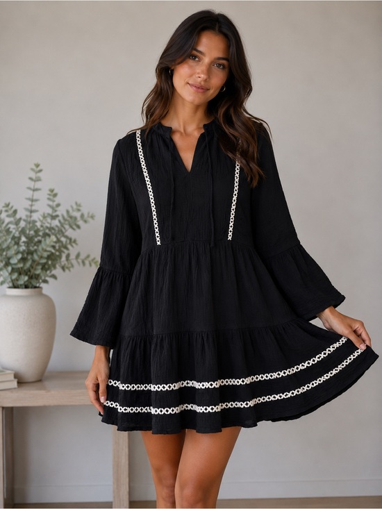 Scoop Dresses & Skirts - Scoop‎ Black Boho Cotton Mini Dress Size Large Embroidered Trim Tiered